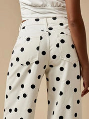LIZAKOSHT - American-style retro polka dot printed wide-leg denim pants for women, loose straight casual trousers