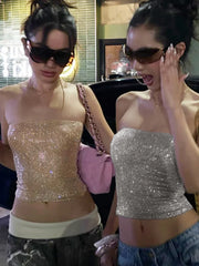 LIZAKOSHT - Women Sequin Decal Sleeveless Crop Top With Exposed Navel Elastic Tight And Sexy Spicy Girl Outfit Fashion Party Club Dress Up