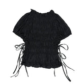 LIZAKOSHT  -  Elegant Pleated Lace Up Top Women Hallow Out Solid Short Sleeve High Neck Shirts Female Spring summer Versatile Street Tops