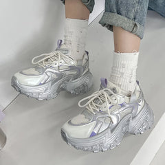 LIZAKOSHT - Fashion Silver Chunky Sneakers Women Autumn Lace Up Platform Sports Shoes Woman Thick Bottom Non Slip Walking Shoes Ladies
