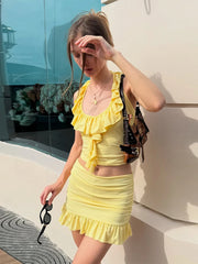LIZAKOSHT - Yellow Layered Ruffles Skirt Set Women's Sexy Slim Fit Floral Edge Backless Halter Top Set 2025 Summer Vacation Street Outfit