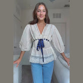 LIZAKOSHT - Women's Top V-Neck Lace Tie Front Puff Sleeve Blouse Ruffle Hem Boho Tops Contrast Ribbon Tie Casual Chic Shirt Spring Summer