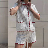 LIZAKOSHT  -  Knitted Shorts Set Fashion Casual Clashing Cardigan Top Lace Up Shorts Set Women  Vacation Sports Knitted Shorts Set