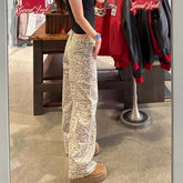 LIZAKOSHT - Spicy Girl Leopard Print Low Waist Jeans with A Feminine Spring Design, Loose and Wide Leg Pants