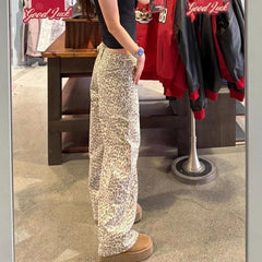 LIZAKOSHT - Spicy Girl Leopard Print Low Waist Jeans with A Feminine Spring Design, Loose and Wide Leg Pants