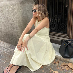LIZAKOSHT - Summer New Women's French Sleeveless Round Neck Tank Top Dress Advanced Sense Slimming and Wrinkle Splicing Casual Long Dresses