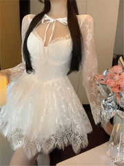LIZAKOSHT  -  Woman Sexy Slim Lace Mini Dress Sweet Lace-up Long Sleeve Princess Birthday Clothes Spring Summer Elegant Fairy Vestidos Mujers