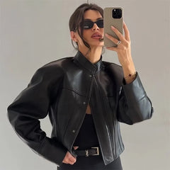 LIZAKOSHT - Retro Stand Collar Punk Style Leather Short Jacket European And American Autumn New Leather Jacket