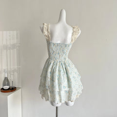 LIZAKOSHT - Summer Square Collar Ballet Core Dress Mini Frock Floral Party One-Piece Shoujo Evening Mori Girl Aesthetic Coquette Gyaru Cute