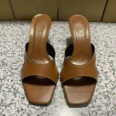 LIZAKOSHT - Retro Sewing Brown Women Mules Shoes Summer Casual Lightweight Open Toe Brand Stilettos Elegant Comfort Lady High Heels Sandals