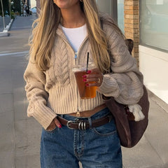 LIZAKOSHT - Autumn Winter Women Solid Color Knit Jacket Sweater Long Sleeve Short Coat Zipper Front Lapel Casual Office Fashion