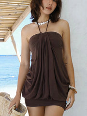 LIZAKOSHT - Women's Lace Up Halter Sexy Mini Dress Sleeveless High Waist Slim Fit Folds Backless Sheath Beach Holiday Dress Female