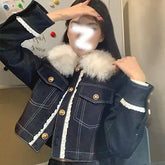 LIZAKOSHT - Hot Girl Short Skirt Two-Piece Suit Fur Collar Shiny Silk Dark Blue Imitation Denim Jacket Tight Hip Wrap Skirt Hot Girl