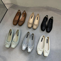 LIZAKOSHT - Sliver New Women Flat Shoes Fashion Square Toe Shallow Slip On Ladies Casual Ballet Shoes Soft Leather Outdoor Loafers S