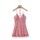 LIZAKOSHT - Sexy Red White Plaid Spliced Lace Lacing Up Bow Halter V Collar Mini Dress Women Ruffles Hem A-line Short Dresses Robe Vestidos