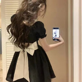 LIZAKOSHT  -  French Bubble Sleeved A-line Skirt For Womens Clothing 2024 Summer New Bow Short Sleeved Dress Female Square Neck Dresses