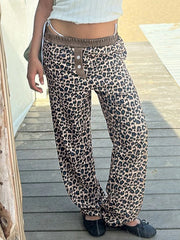 LIZAKOSHT - Leopard Print Patchwork Straight Pants Elastic Waist Fashion Harajuku Trousers Aesthetic 2000s Casual Baggy Bottom