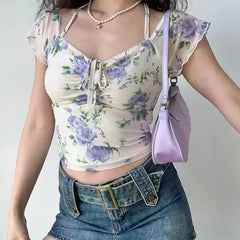 LIZAKOSHT - European and American Style Printed Mesh V-neck Short Sleeved T-shirt, Summer Slim Fit, Waistband, Hanging Neck Short Top