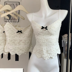 LIZAKOSHT - Kawaii Cute Lolita Style White Vest Women Vintage Elegant Lace Bow Camisole Crop Top Female Korean Casual Sweet Slim Fairy Tanks
