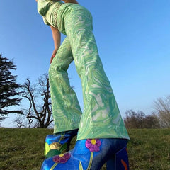 LIZAKOSHT - Y2K Women Spring High Waist Tie Dye Print Pants Green Summer Fashion Wide Leg 90s Trousers Zipper Vintage Oversize Harajuku