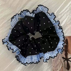 LIZAKOSHT - 1PC Artistic-Style Blue Plaid & Polka Dot Lace Hair Scrunchie, Black Polka Dot Hair Scrunchie/Hair Tie/Hair Elastic for Top Knot