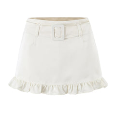 LIZAKOSHT - Sexy With Sashes Zipper Waist Satin Skirt With short lining Women Ruffles Hem A-line Package Hips Short Skater Bottom Black Pink