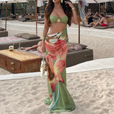 LIZAKOSHT - Cool Summer series hollow out pleated slim fit dress bikini cover sun protection sexy long skirt beach vacation print dress