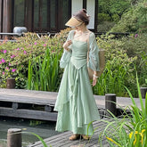 LIZAKOSHT - Retro Women 3PCS Dress Set Green Hanfu Suit Summer New Chinese Style Qipao DressMesh Cardigan Strap Vestidos Cheongsams Costumes