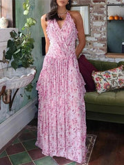 LIZAKOSHT  -  Pleated Trim Dresses Women Hipster Popular Halter V-neck Stacked Irregular Maxi Bodycon Mujer Elegant High Street Frock