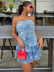 LIZAKOSHT - Summer Denim Sexy 2 Piece Set Casual Street Outfits Women Strapless Irregular Corset Tops And Pleated Mini Skirt Set