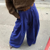 LIZAKOSHT - Stylish Street American Double Pocket Blue Trousers Women's Loose Straight Wide Leg Pants