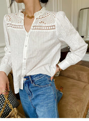 LIZAKOSHT - Ruffles Long Sleeve Ladies Tops White Blouses shirts Women Floral Embroidey Lace 100% Cotton Boho Casual Spring Summer Blouse