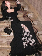 LIZAKOSHT Y2K Midi Dress Women Lace Ruffles Square Collar High Waist Slit Autumn Spring Vintage Evening Party Wedding Vestidos Prom Robe