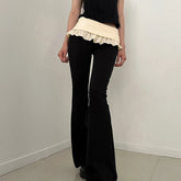 LIZAKOSHT - Y2K Cute Casual Skinny Ruffles Pleated Design High Waisted Knitting Flare Pants Contrasting Color Bottoms Hottie Streetwear