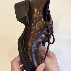 LIZAKOSHT - Shoes Women's British Style Retro Soft Leather Round Toe Lace Up Loafers for Commuting Versatile Thick Heeled Leather Shoes