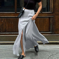 LIZAKOSHT - New Solid Color High Split Wrap Hip Skirts Elegant Slim Mermaid Half Skirts Fashion Temperament Commute Satin Long Skirts Women