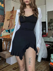 LIZAKOSHT - Aesthetic Y2k Sexy Black Dress Women Dark Gothic Streetwear Spaghetti Strap Lace Patchwork Irregular Hem Dress Female