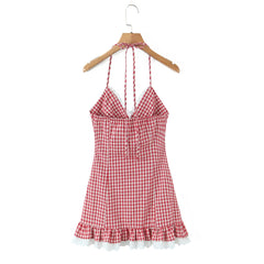 LIZAKOSHT - Sexy Red White Plaid Spliced Lace Lacing Up Bow Halter V Collar Mini Dress Women Ruffles Hem A-line Short Dresses Robe Vestidos