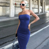 Lizakosht Woman Back Split Strapless Dress Sleeveless Backless Slim Long Dress Fashion Women Elegant Blue Casual Streetwear Dresses