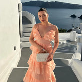 LIZAKOSHT - Cascading Ruffle Slip Women's Dress V-neck Sleeveless Hollow Out Waist Cinching Evening Party Dresses 2025 Summer Elegant Robe