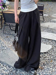 LIZAKOSHT - High Waist Striped Wide-Leg Pants For Woman Loose Irregular Floor-Length Trousers Single Bitton Pockets Fashion Casual Clothes