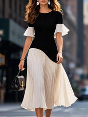 LIZAKOSHT  -  Elegant High Street Dress for Women Half Length Flared Sleeves High Waist Pleated Midi Dress Evening Dresses