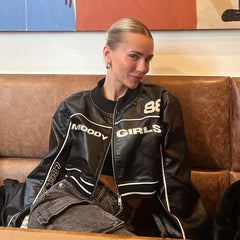 LIZAKOSHT - Leather jacket women's new American street motorcycle style letter printed zipper cardigan round neck short jacket coat women