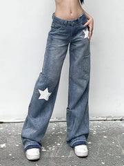LIZAKOSHT - Low Rise Baggy Jeans Y2K Star Print Denim Pockets Patchwork Women Pants Streetwear Retro Casual Jean Trousers Korean