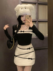 LIZAKOSHT - Women Sexy Two Piece Sets Fall Winter Long Sleeve Hollow Out Patchwork Cropped Tops Fashion Bow Striped Hotsweet Sexy Mini Skirt