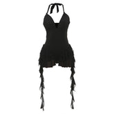 LIZAKOSHT - New Arrivals Black Halter V-neck Ruffles Tassels Trim Lace Up High Waisted Fashion Sexy Women's Jumpsuits Shorts Party Wear