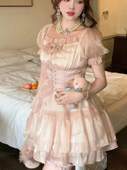 LIZAKOSHT - Summer French Vintage Sweet Dresses Female Kawaii Y2K Fashion Fariy Mini Dress Korean Party Ruffles Puff Sleeve Cake Dress
