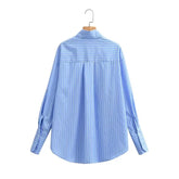 LIZAKOSHT - Fashion Blouse Women Blogger Boyfriend Loose Shirt Blue Striped Casual