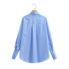 LIZAKOSHT - Fashion Blouse Women Blogger Boyfriend Loose Shirt Blue Striped Casual