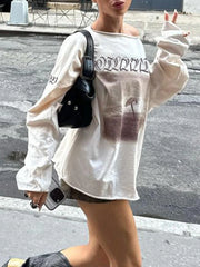 LIZAKOSHT - Casual Loose Printed T Shirt Sporty Basic O-Neck Long Sleeve Tees Women Autumn Spring Fashion Streetwear Ladies